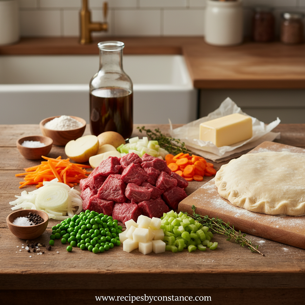 Ingredients for making beef pot pie including beef, vegetables, and pastry