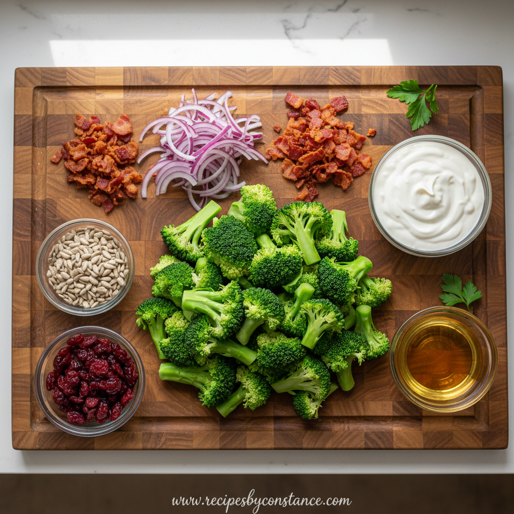 Fresh ingredients for broccoli salad including broccoli, beef bacon, onions, and dressing components