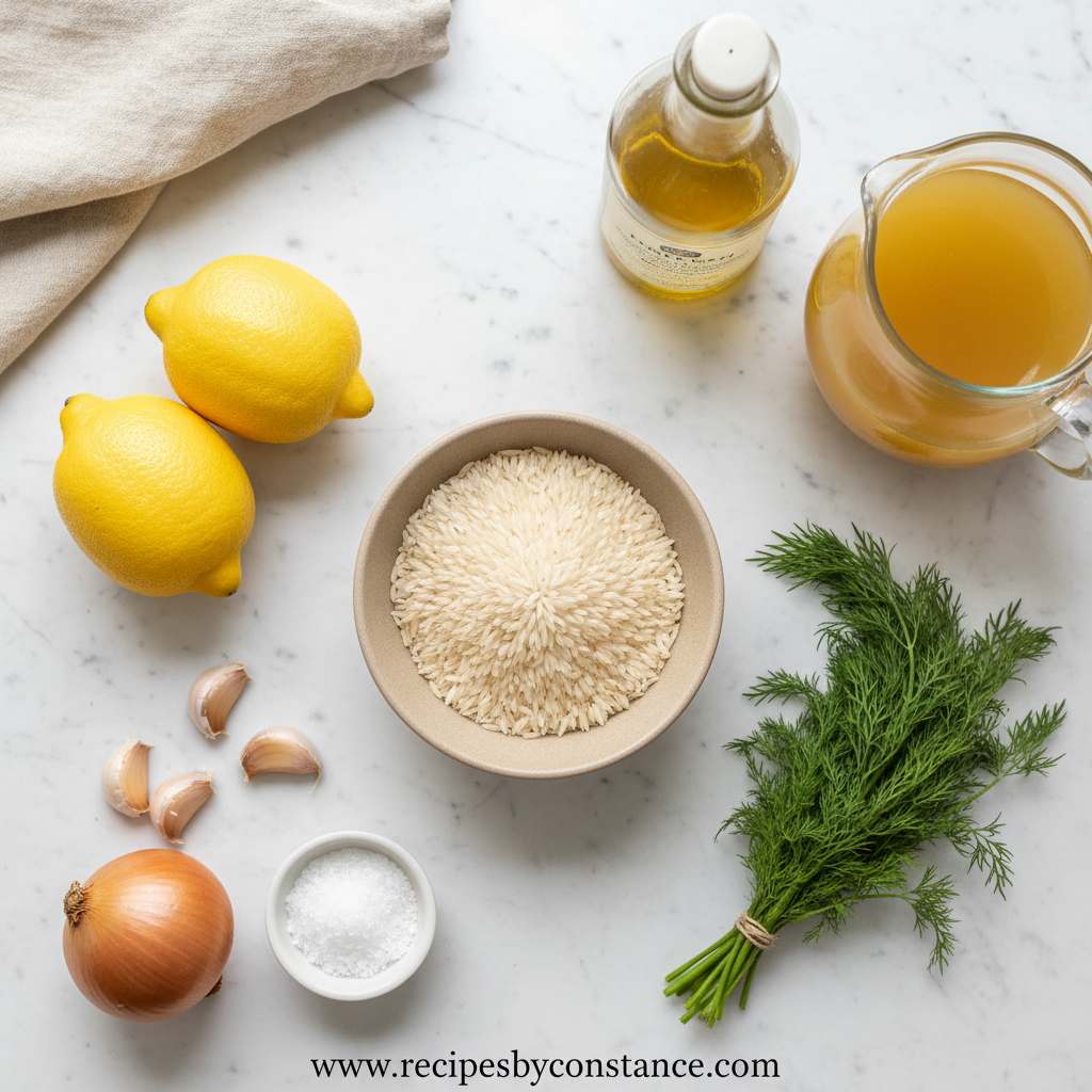 Ingredients for Greek lemon rice including rice, lemons, herbs, and spices