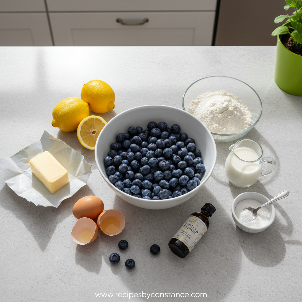 Ingredients for blueberry lemon loaf including flour, sugar, eggs, butter, blueberries and lemons