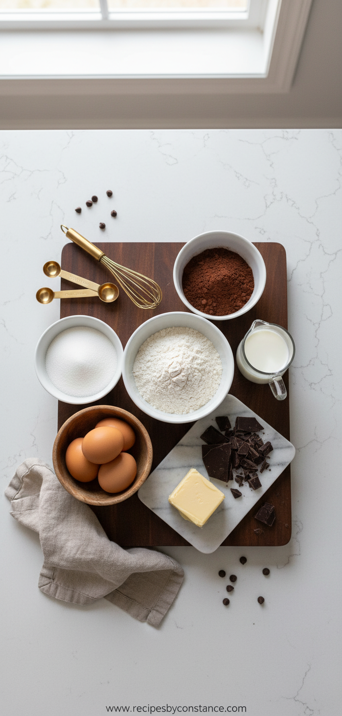 Ingredients for Brick Street Chocolate Cake laid out on counter