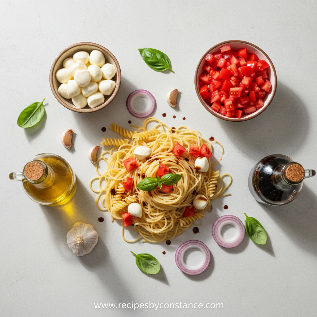 Fresh ingredients for bruschetta pasta salad including tomatoes, basil, garlic, and pasta