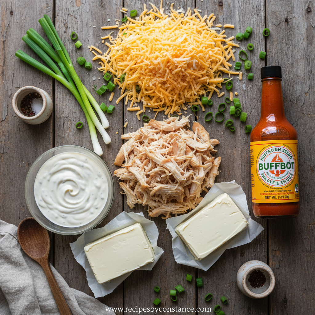 Ingredients for buffalo chicken dip arranged on counter