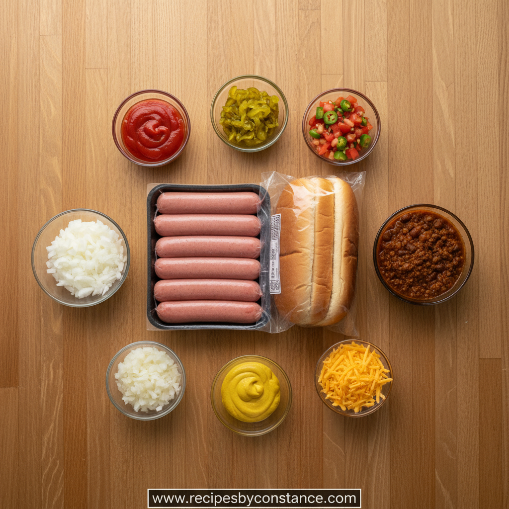 Assorted hot dog bar ingredients and toppings displayed beautifully