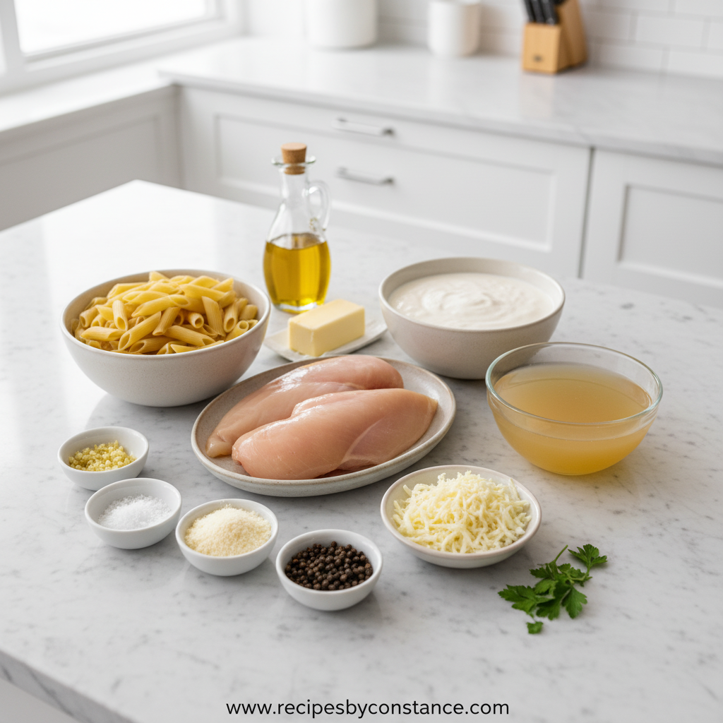 Ingredients for cheesy chicken Alfredo pasta laid out on counter