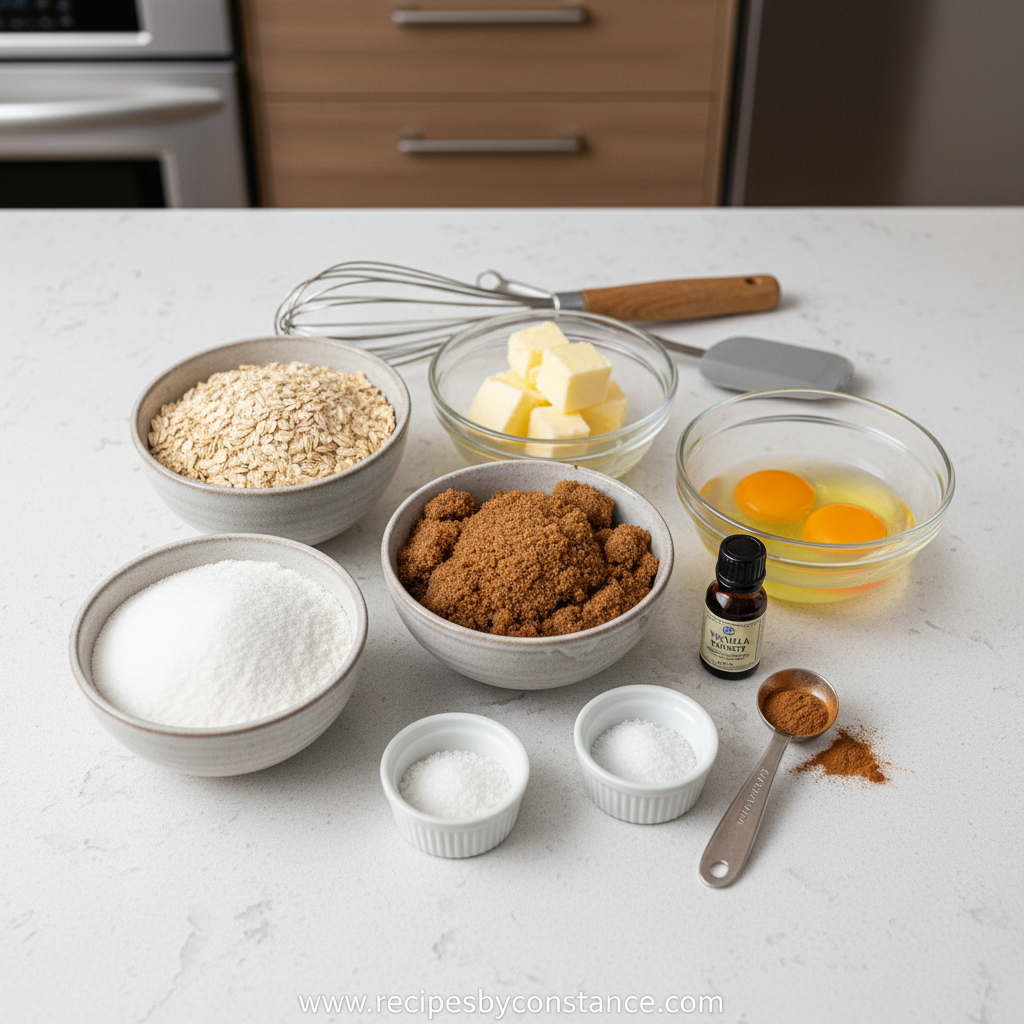 Ingredients for making classic oatmeal cookies