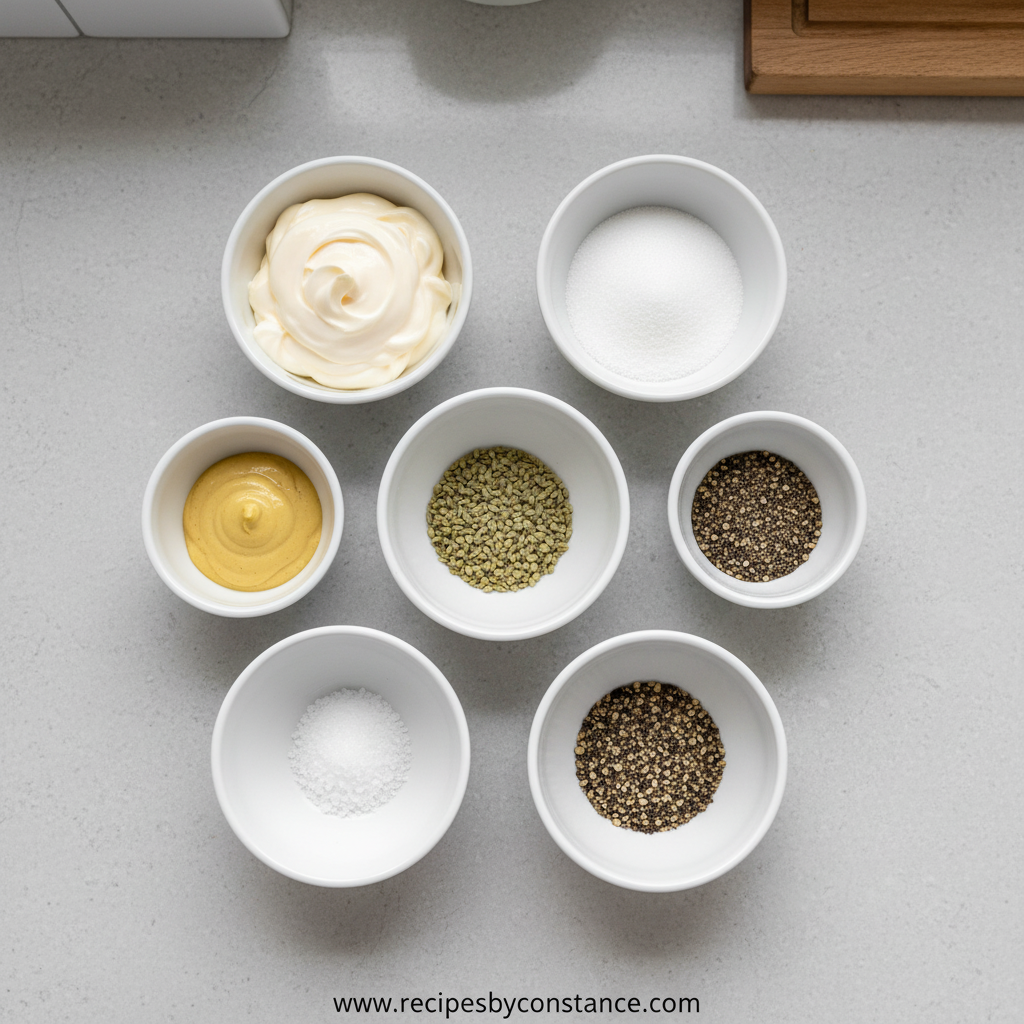 Ingredients for sweet tangy coleslaw dressing including mayonnaise, vinegar, and sugar