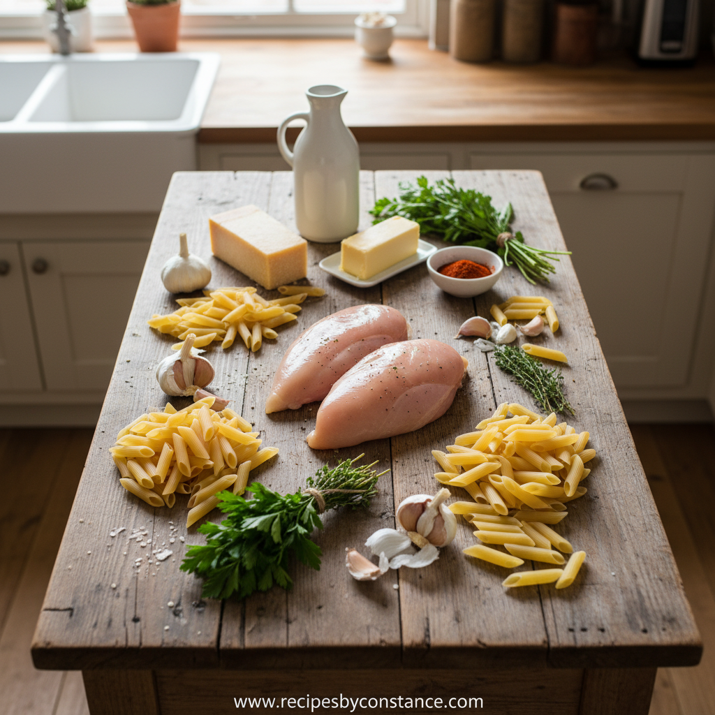 Ingredients for smoky garlic butter chicken pasta