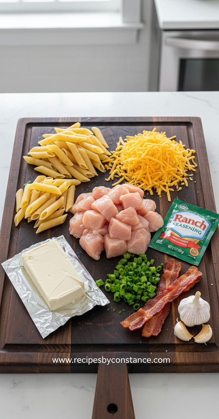 Ingredients for crack chicken pasta including chicken, pasta, ranch seasoning, and cheese