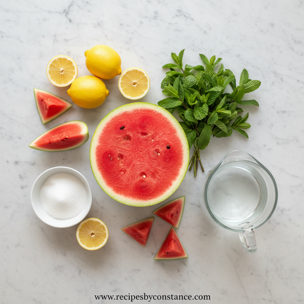 Fresh watermelon, lemons, mint leaves, sugar, and water for lemonade