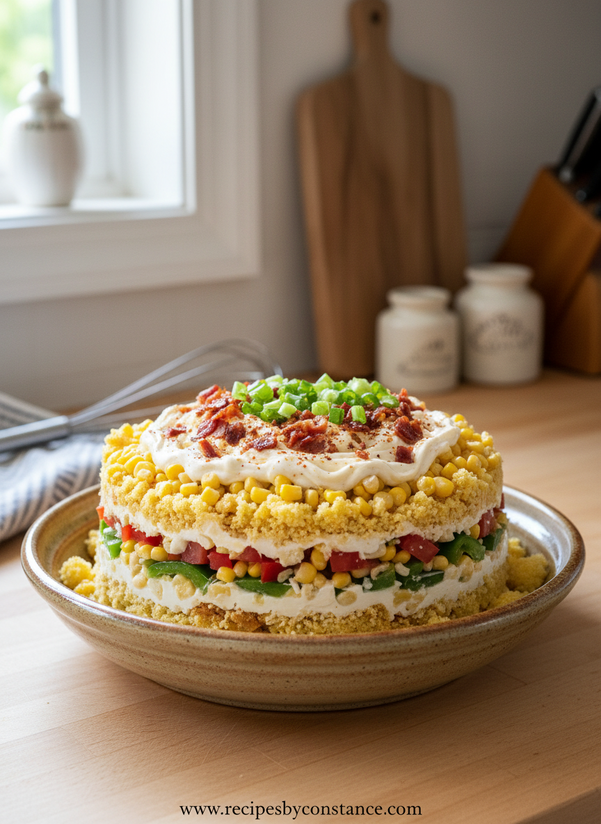 Beautiful layered cornbread salad with colorful vegetables and creamy dressing