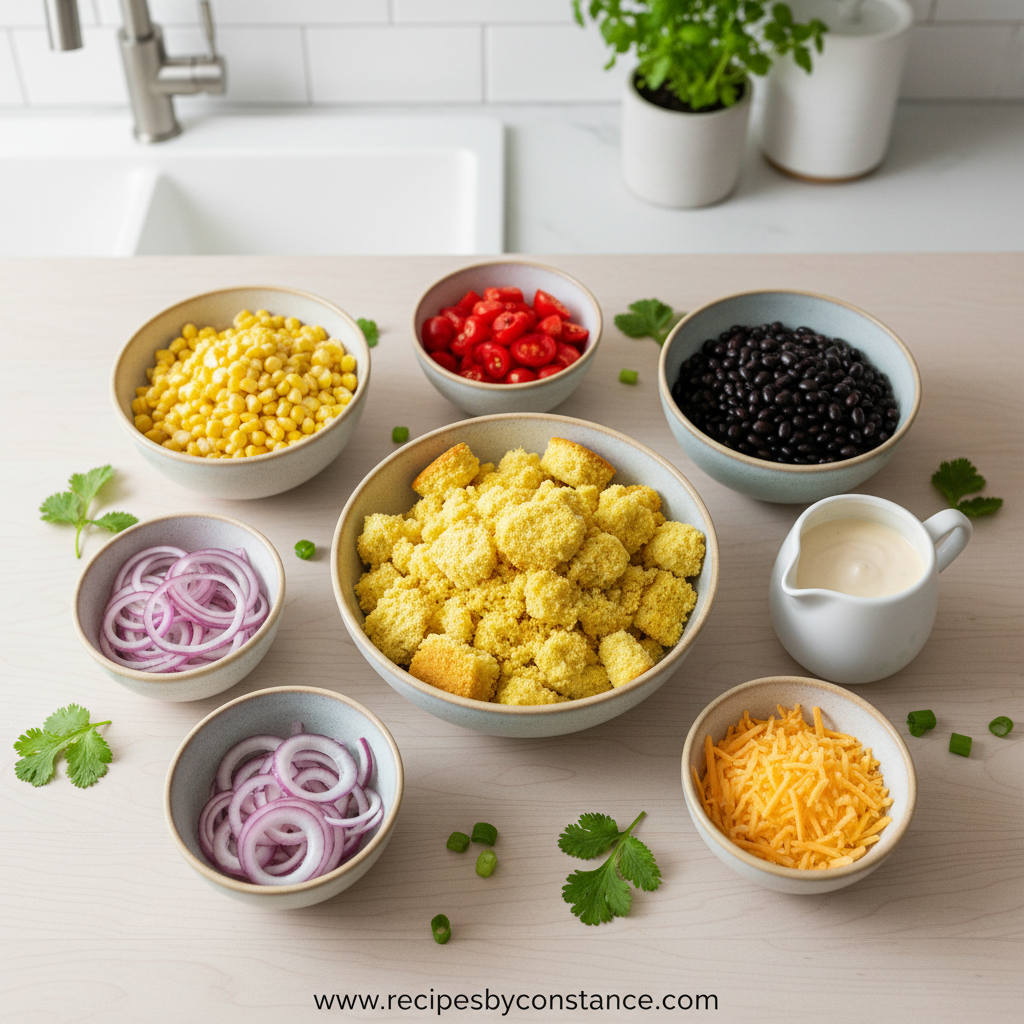 Ingredients for making delicious crumbled cornbread salad