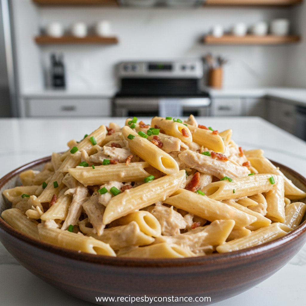 Creamy chicken penne pasta in a white bowl
