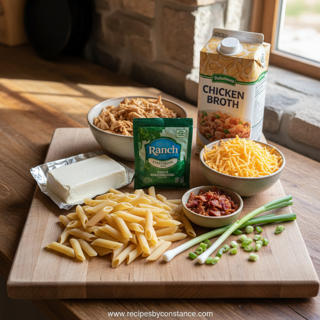 Ingredients for crack chicken penne including chicken, penne pasta, cream cheese, cheese, and seasonings