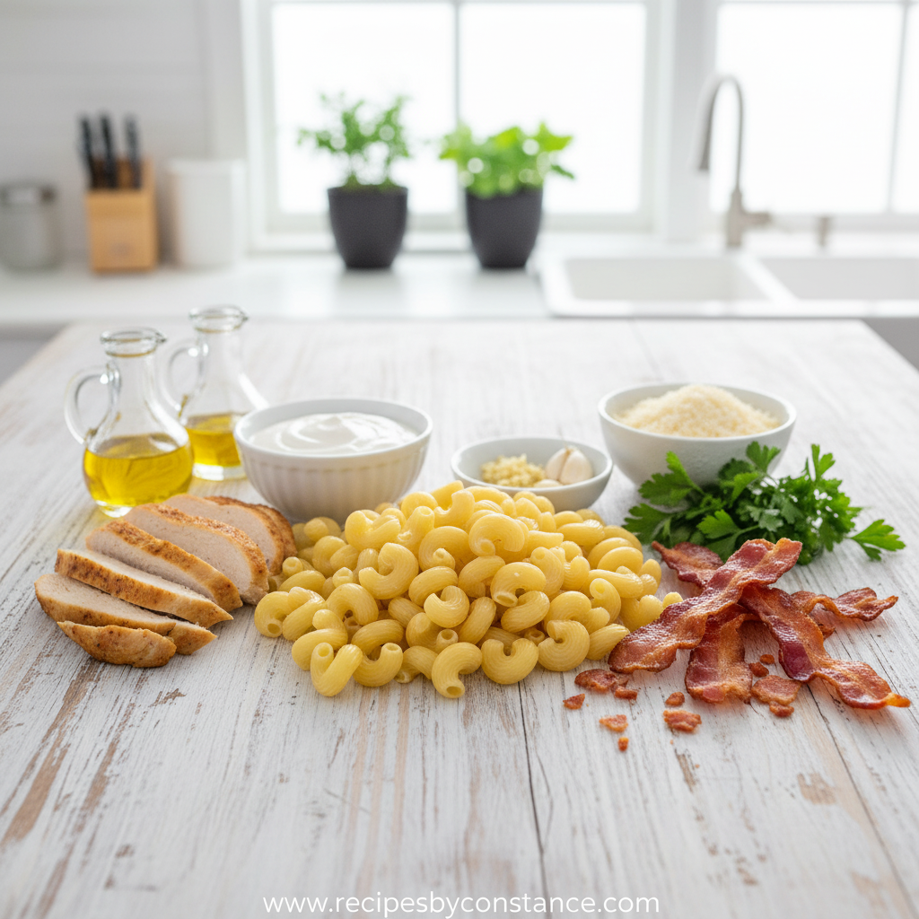 Ingredients for creamy chicken ranch pasta