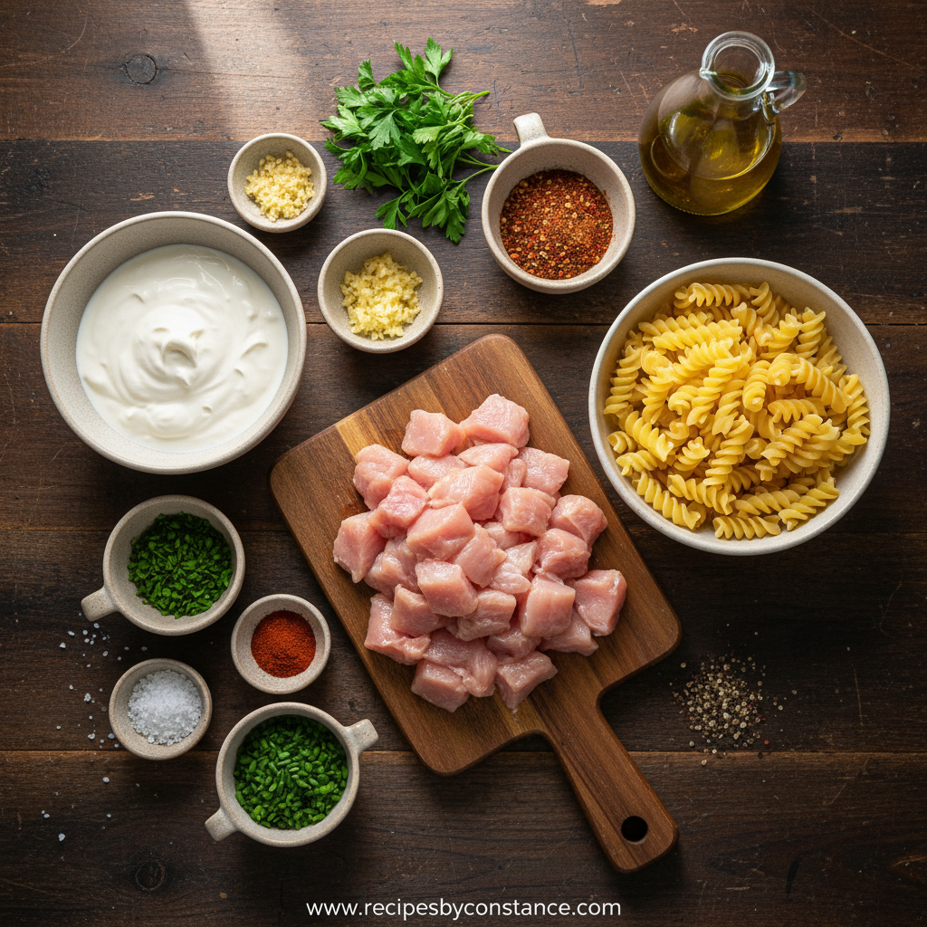 Ingredients for creamy cowboy butter chicken pasta