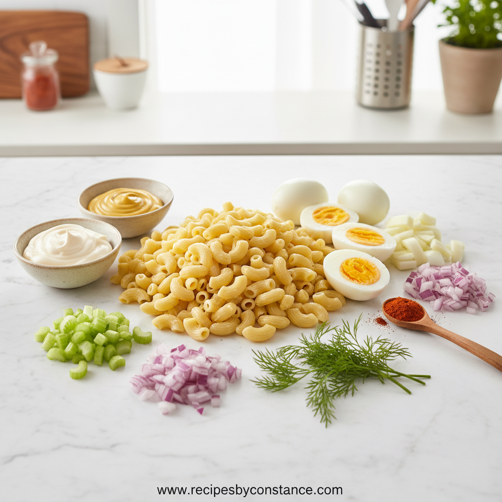 Ingredients for creamy deviled egg pasta salad