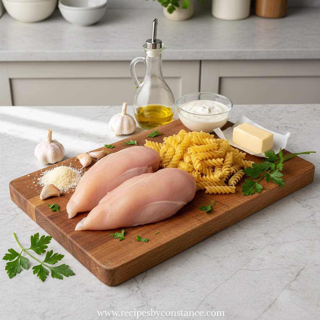 Ingredients for creamy garlic parmesan chicken pasta