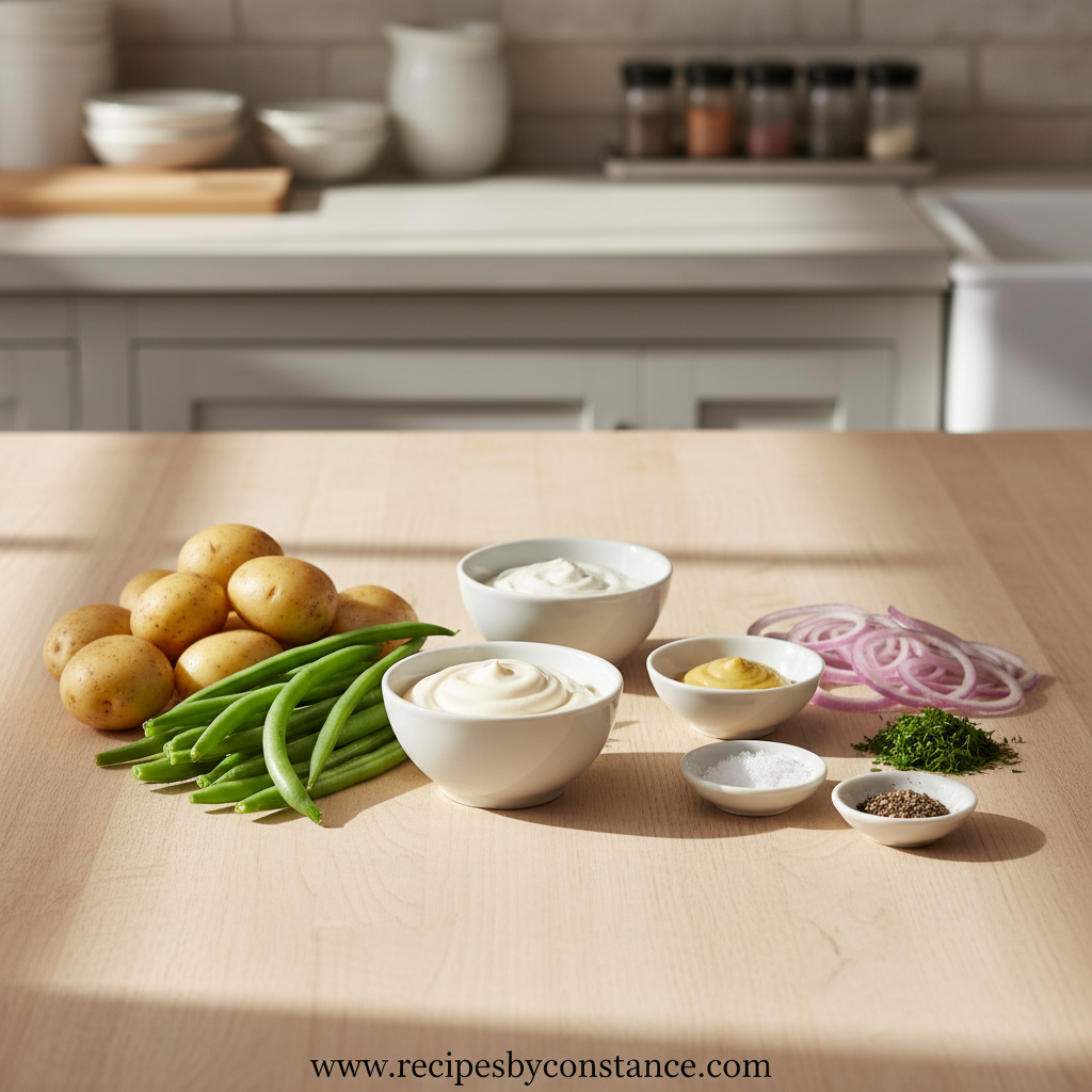 Ingredients for creamy green bean potato salad laid out on counter