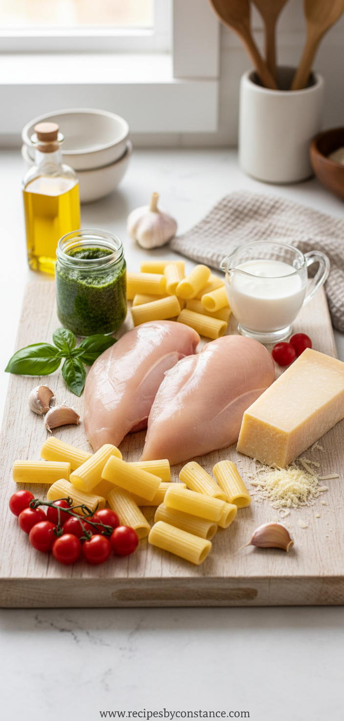 Fresh ingredients for pesto chicken pasta bake