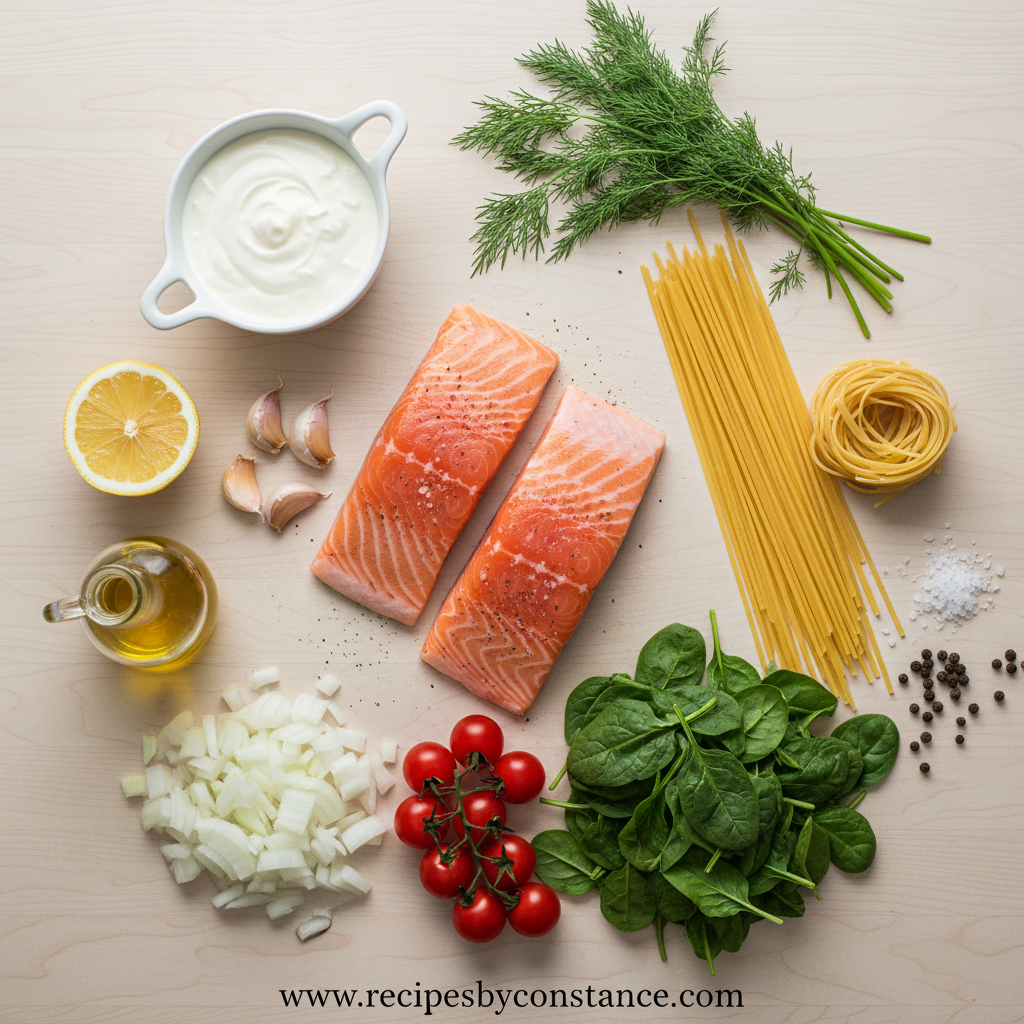 Ingredients for creamy salmon pasta recipe
