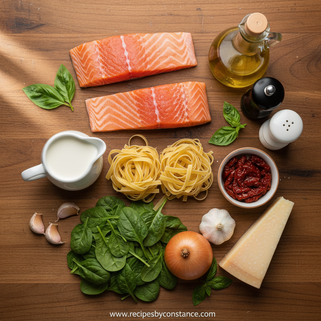 Ingredients for creamy Tuscan salmon pasta arranged on wooden surface