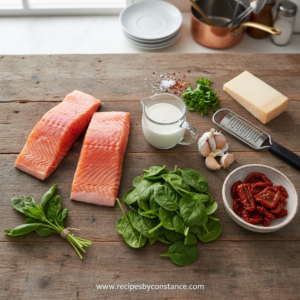 Ingredients for creamy Tuscan salmon recipe