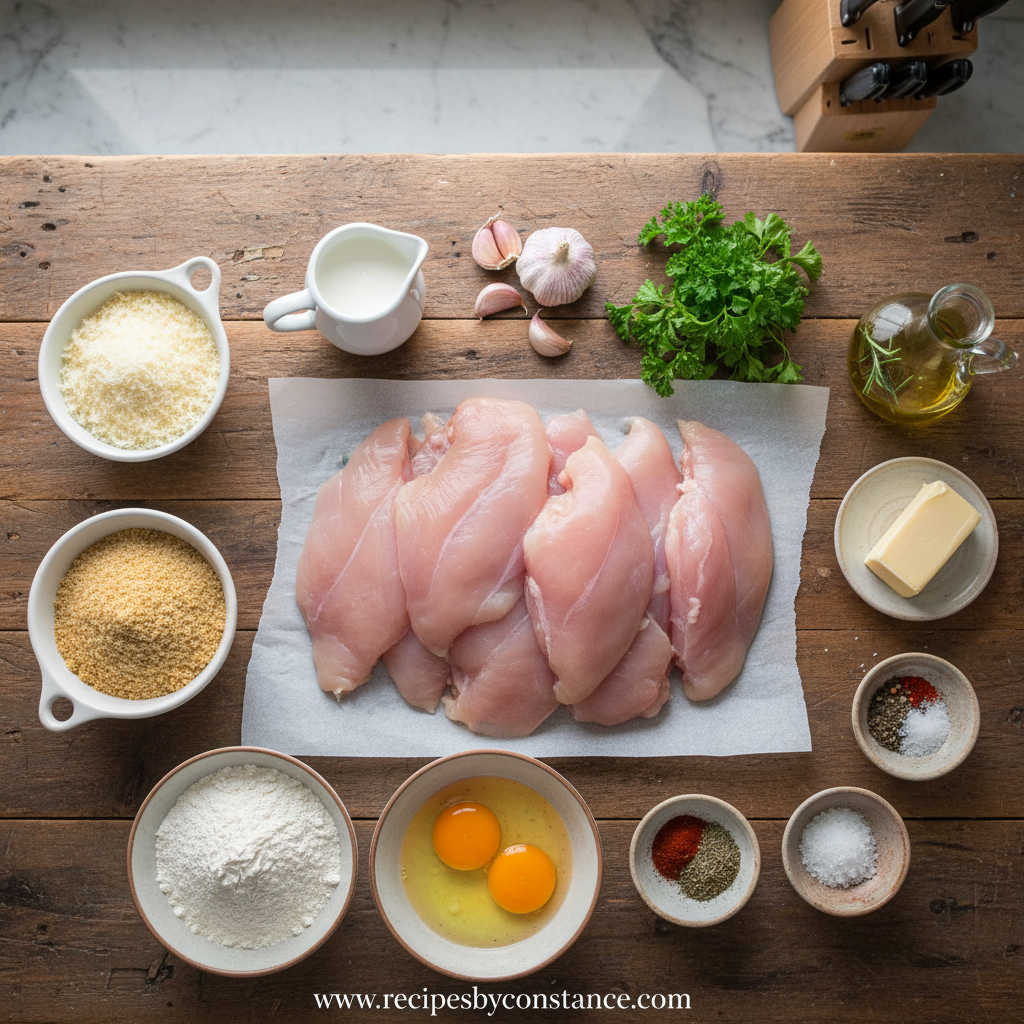 Ingredients for crispy Parmesan chicken with garlic sauce
