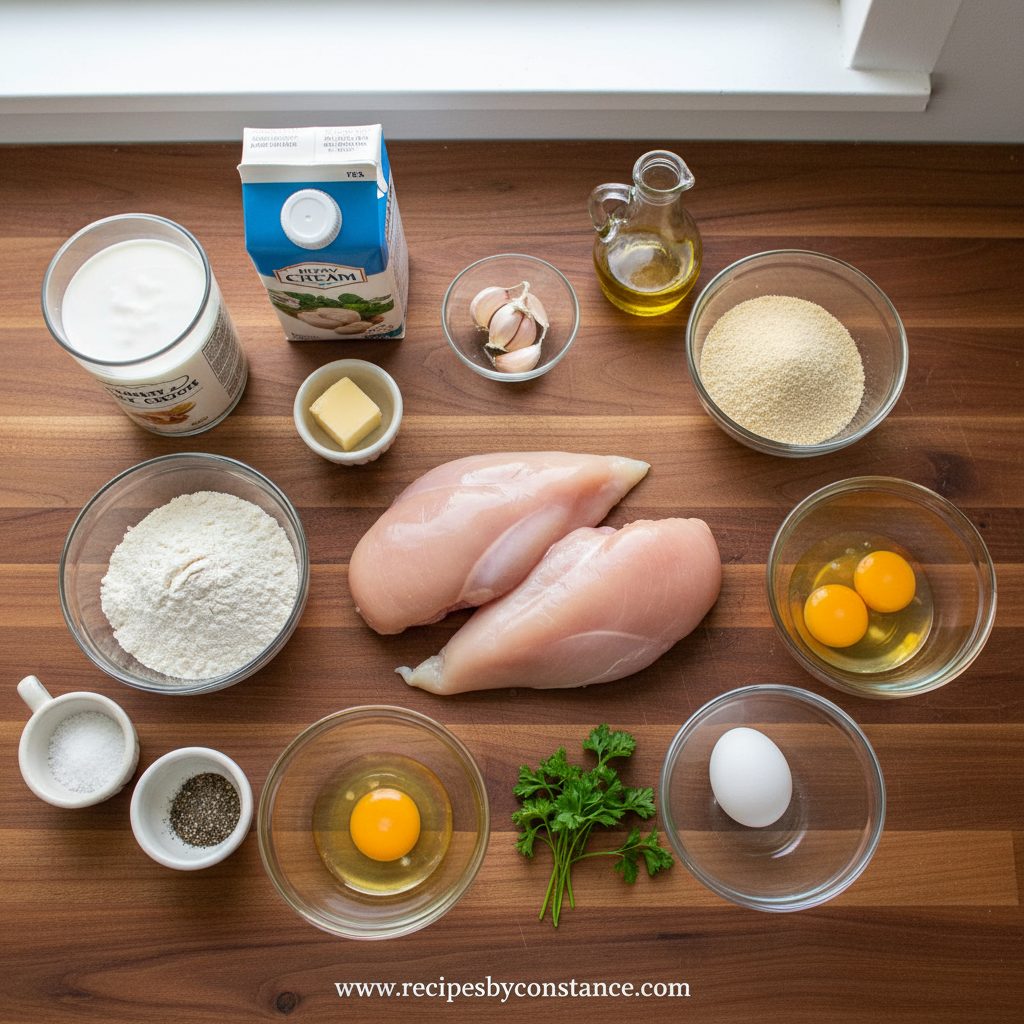 Ingredients for crispy parmesan chicken including chicken breasts, parmesan cheese, flour, and garlic
