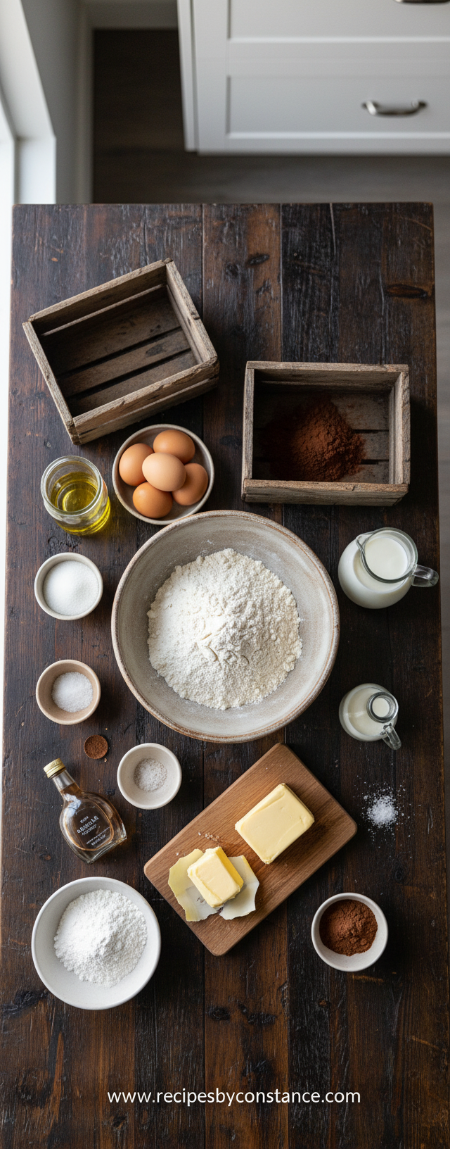Ingredients for dark chocolate sheet cake including cocoa powder, flour, eggs, butter