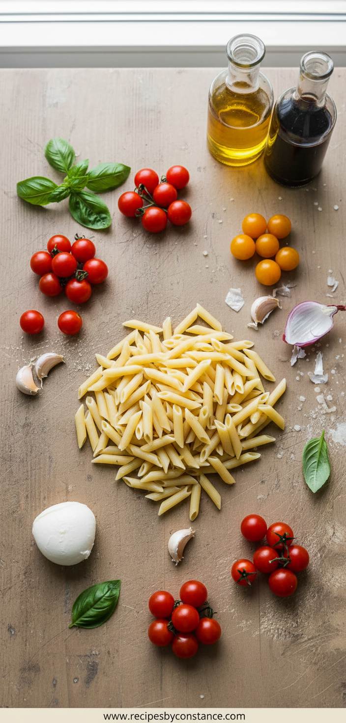 Fresh ingredients for bruschetta pasta salad including tomatoes, basil, garlic and pasta