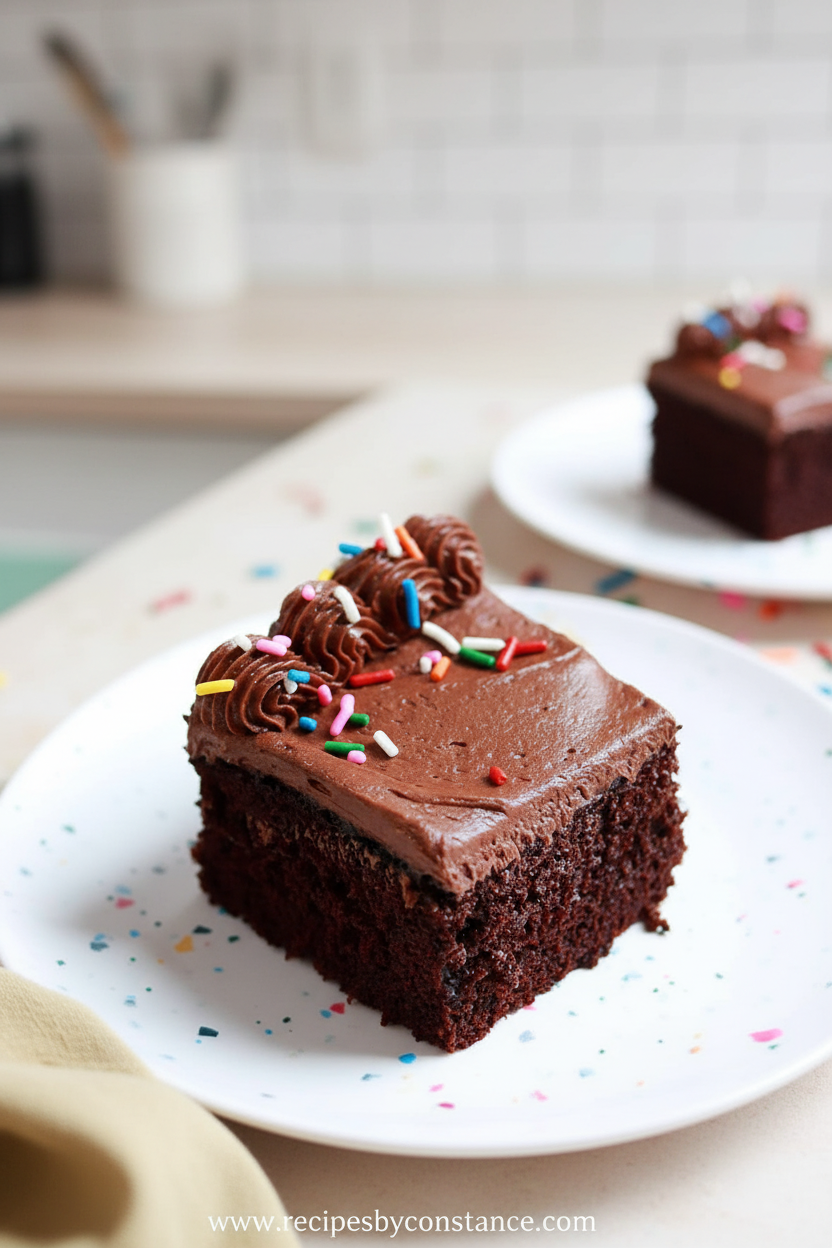 Easy chocolate sheet cake with rich cocoa frosting served on a white plate