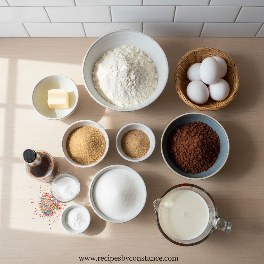 Ingredients for chocolate sheet cake including flour, cocoa powder, sugar, and butter