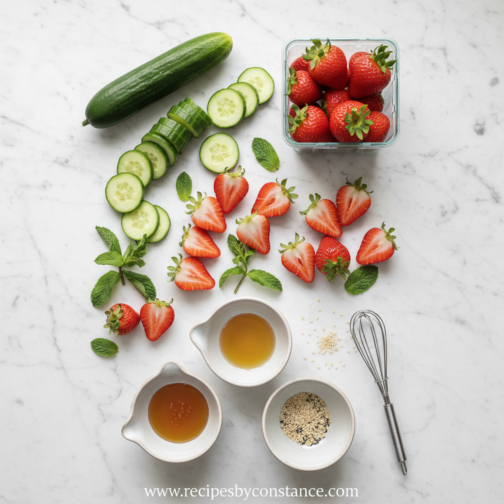 Fresh ingredients for cucumber strawberry salad including cucumbers, strawberries, mint, and lime