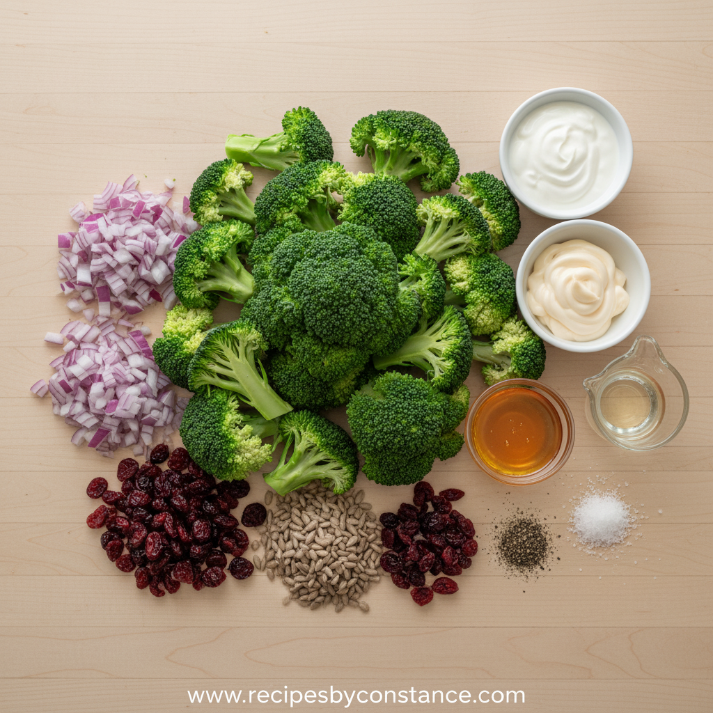 Fresh ingredients for healthy broccoli salad including broccoli, Greek yogurt, and vegetables
