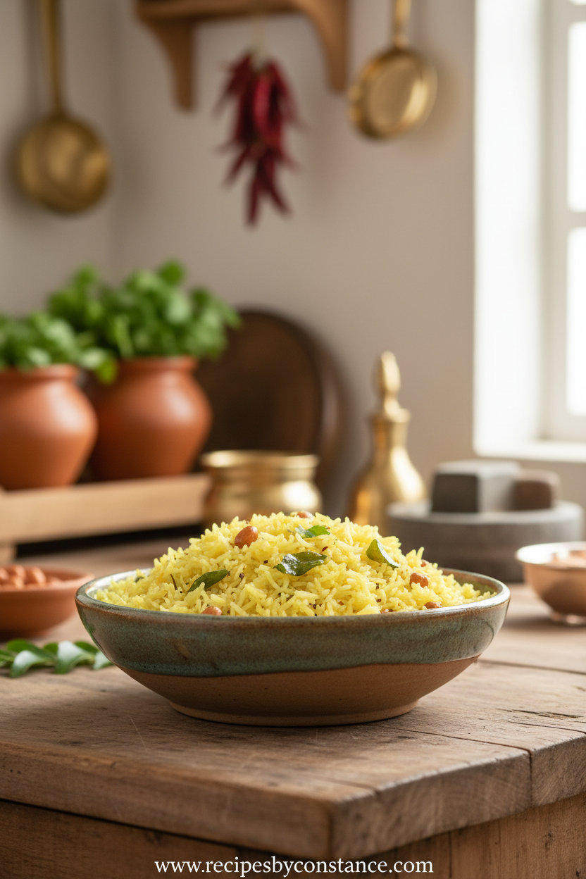 Golden South Indian lemon rice with peanuts and spices