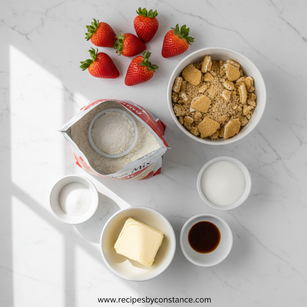 Ingredients for strawberry crunch cake including flour, strawberries, eggs, and cookies