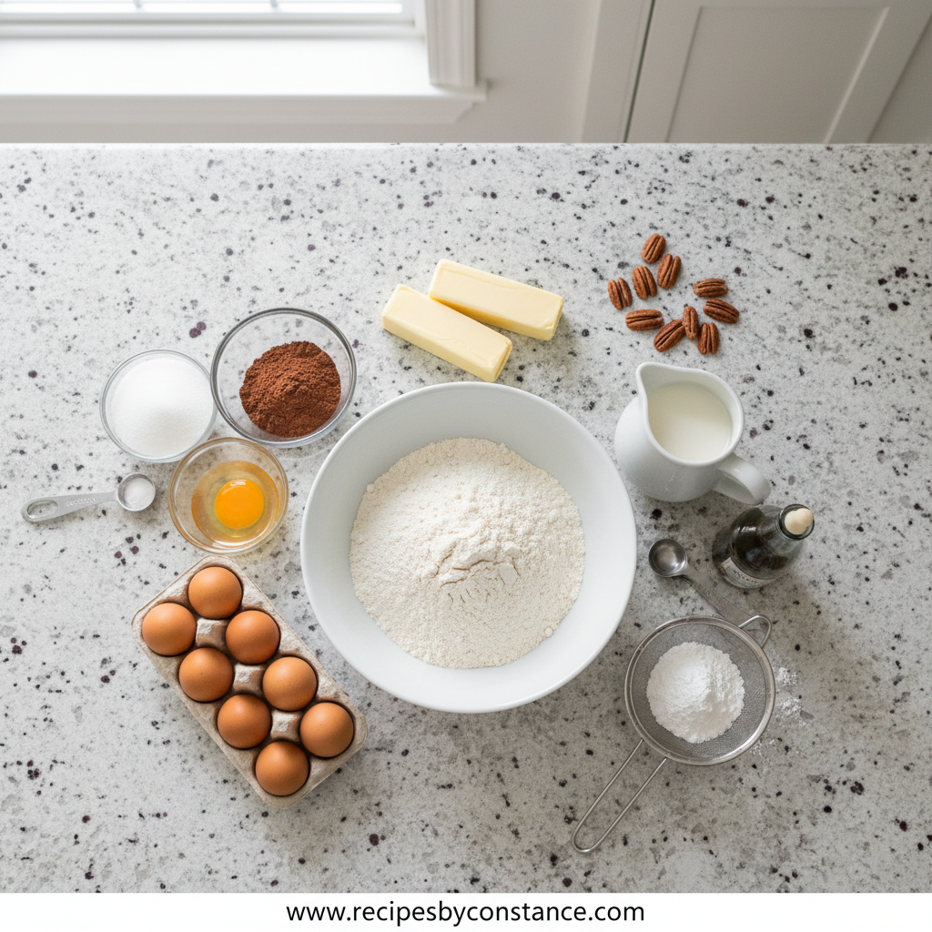Ingredients for Texas sheet cake including flour, cocoa powder, and butter