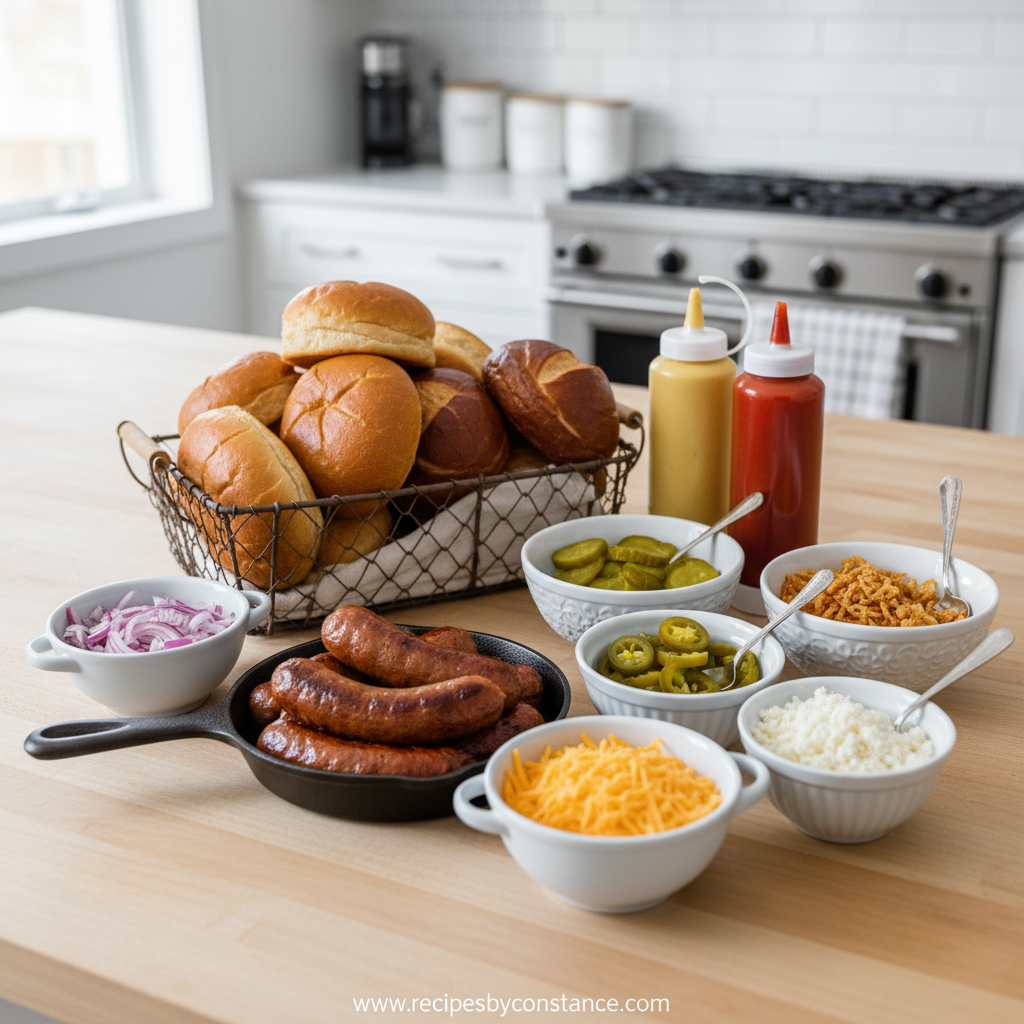 Beautiful assortment of hot dog bar ingredients and toppings