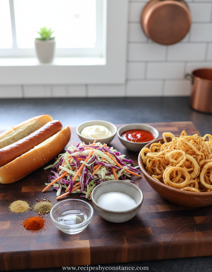 Ingredients for firecracker hot dogs including sausages, cabbage, onions, and spices