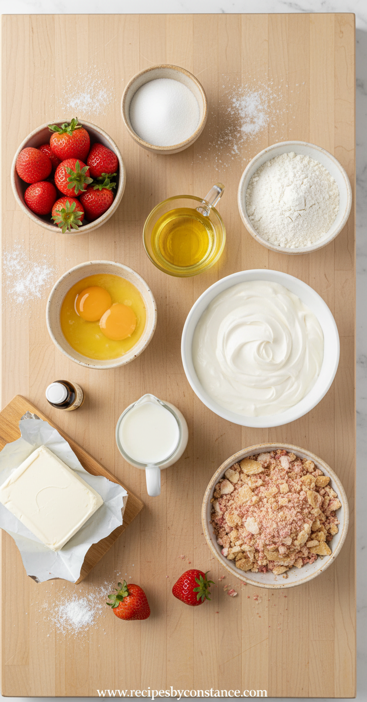 Ingredients for strawberry crunch cake arranged neatly