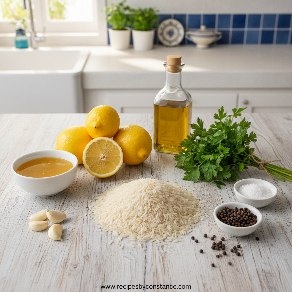 Ingredients for Greek lemon rice including rice, lemons, herbs, and spices