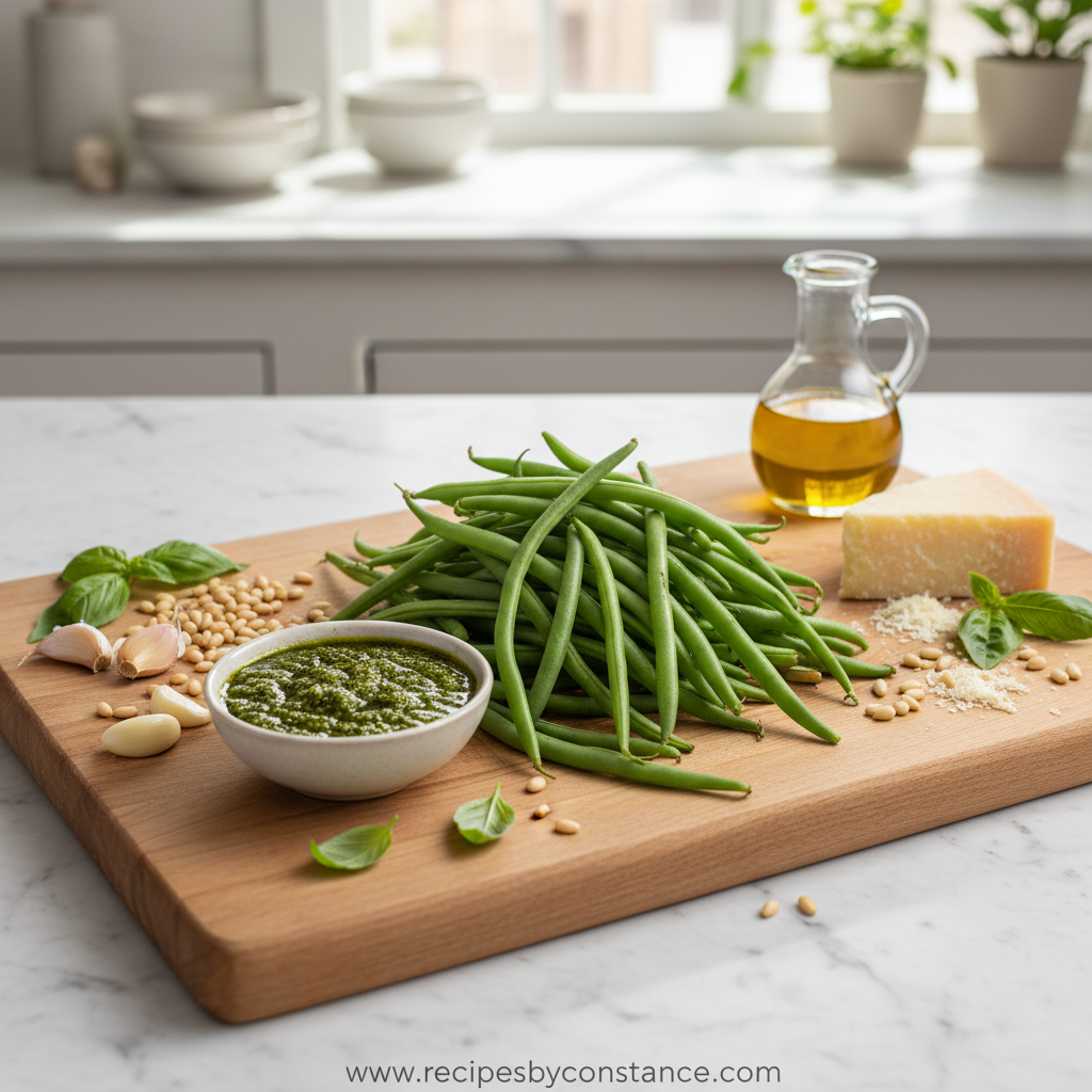 Fresh ingredients for pesto green beans including green beans, basil pesto, parmesan cheese, olive oil, and garlic