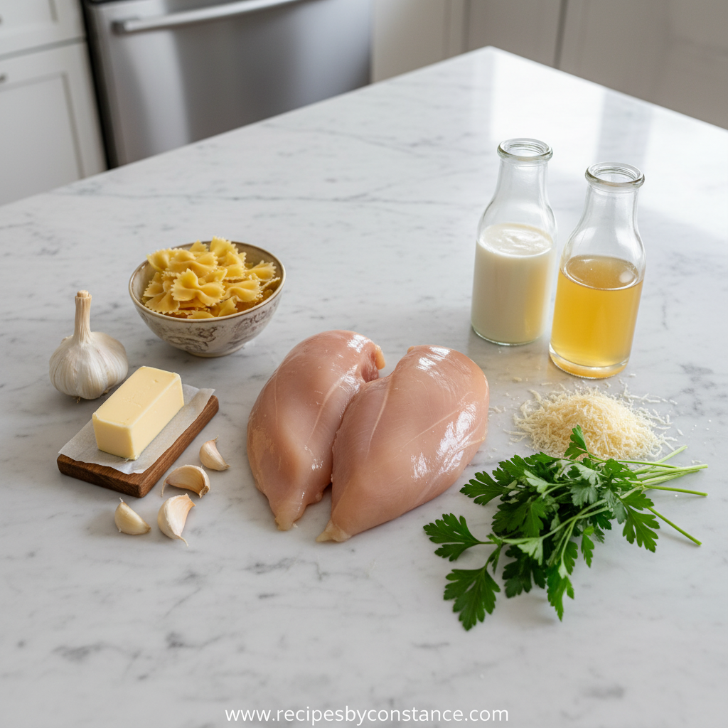 Ingredients for garlic butter chicken pasta
