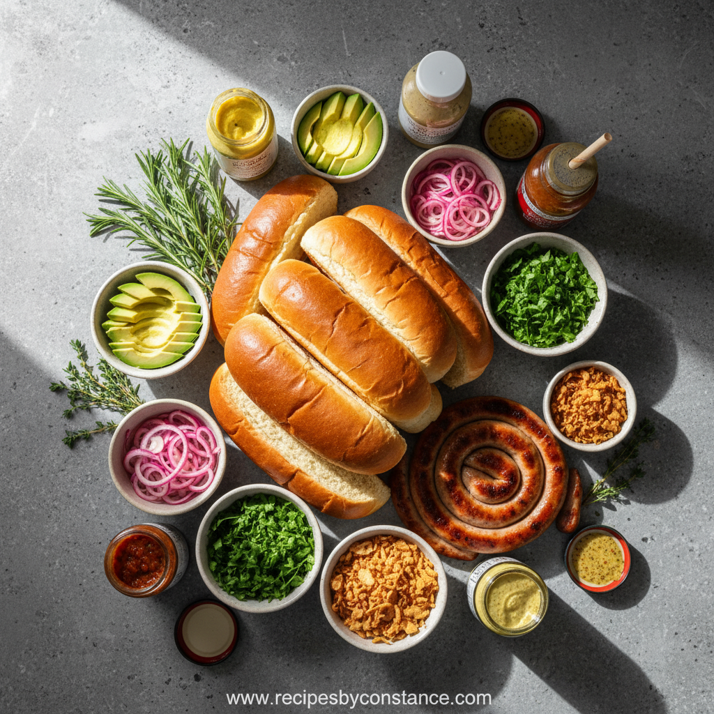 Assorted gourmet hot dog toppings and ingredients