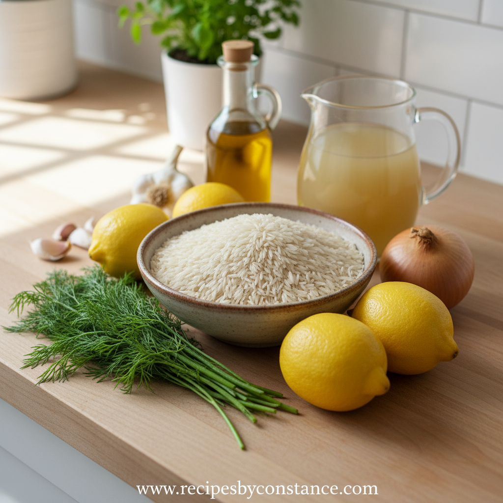 Ingredients for Greek lemon rice including rice, lemons, herbs, and olive oil