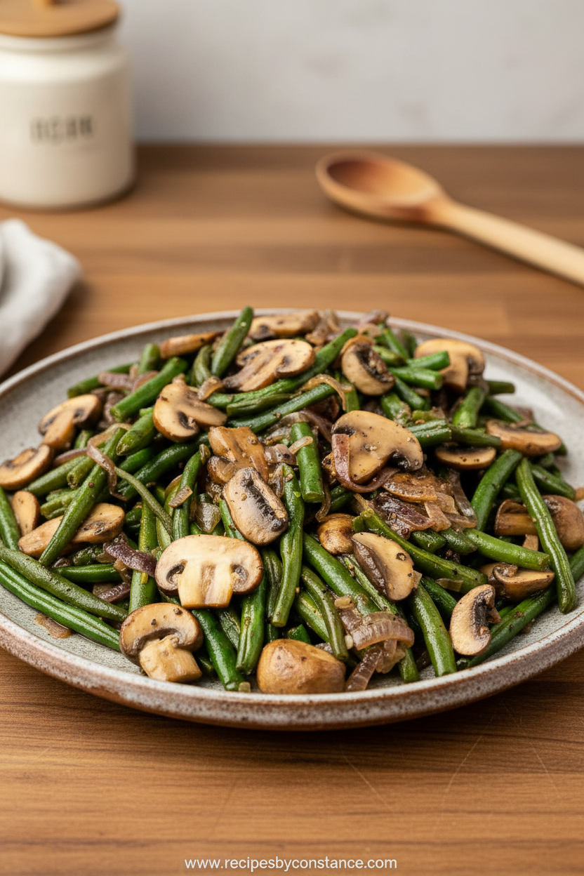 Sautéed green beans and mushrooms in garlic butter sauce