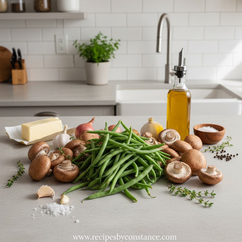 Fresh ingredients for green beans and mushrooms recipe