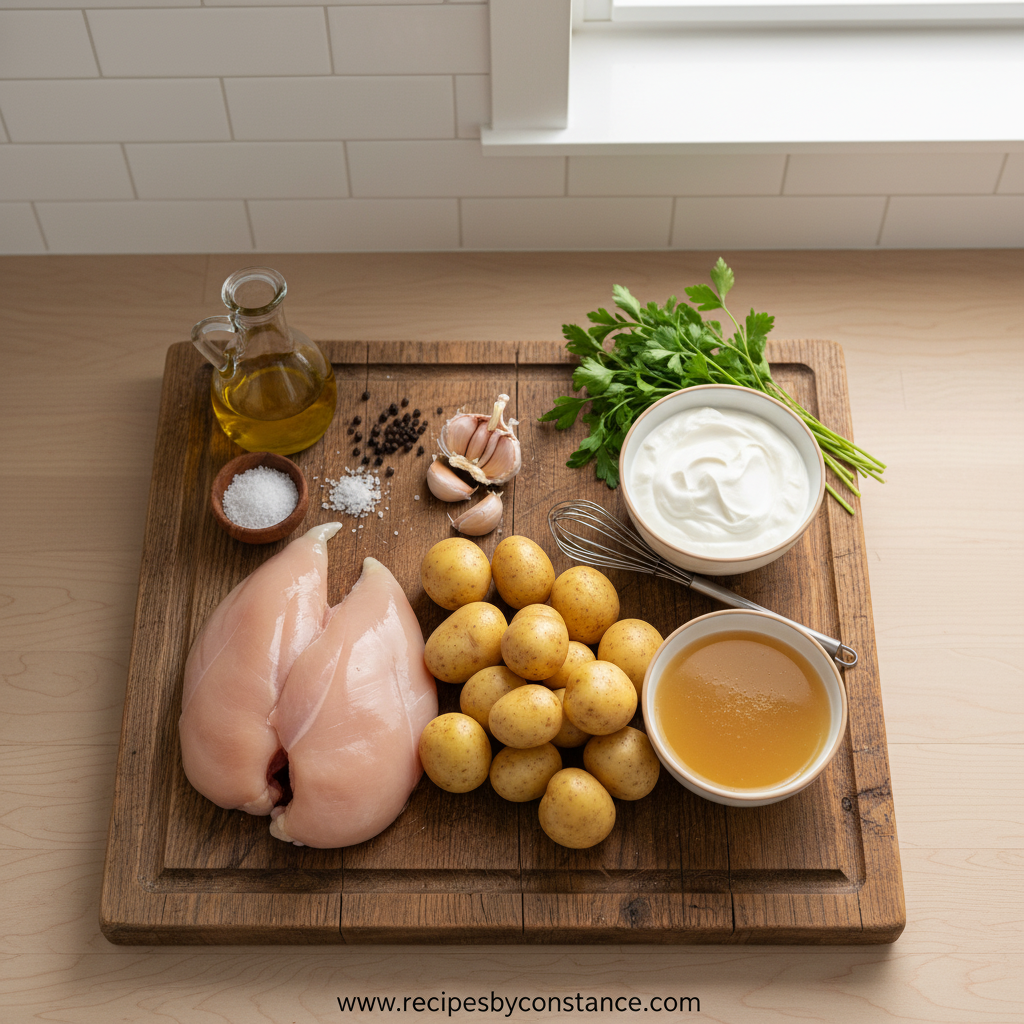 Ingredients for creamy garlic chicken and crispy potatoes