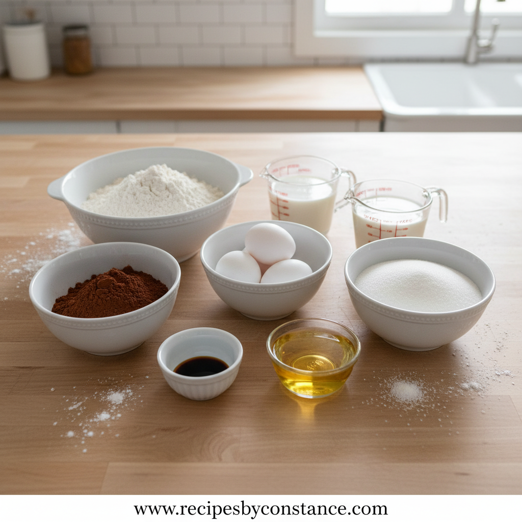 Ingredients for chocolate sheet cake including flour, cocoa powder, sugar, and eggs
